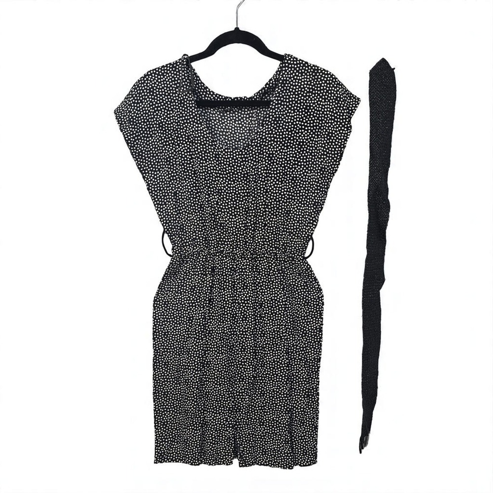 Vintage Polka Dot Mini Dress with Woven Belt Woman S/XS Black and White Casual